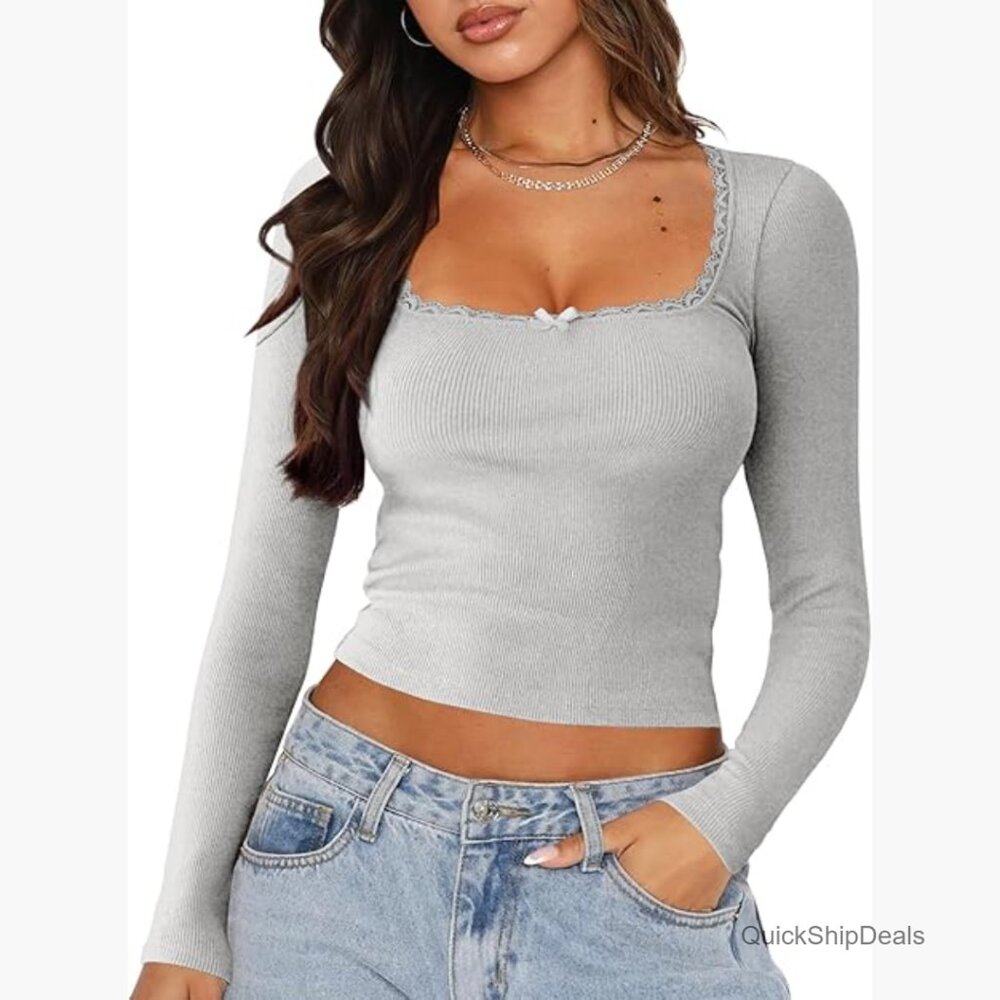 Long Sleeve Crop Top Ribbed Knit Square Neck Lace Patchwork Bow Knot
